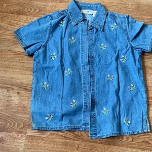 Embroidered Denim Shirt Floral Button Down Blue Cottagecore SP
